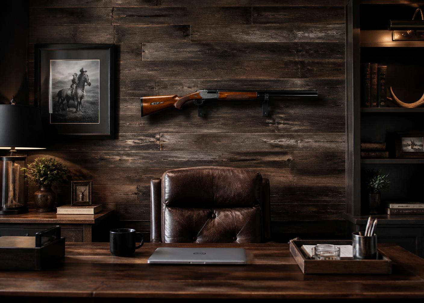 Texas Precision Mount holding a shotgun in a wood-paneled office saferoom